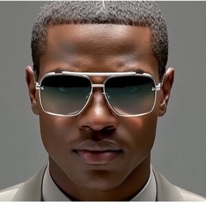 Aviator Sunglasses Silver Frame Gradient Green Lens Metal Accents Fashion Shades